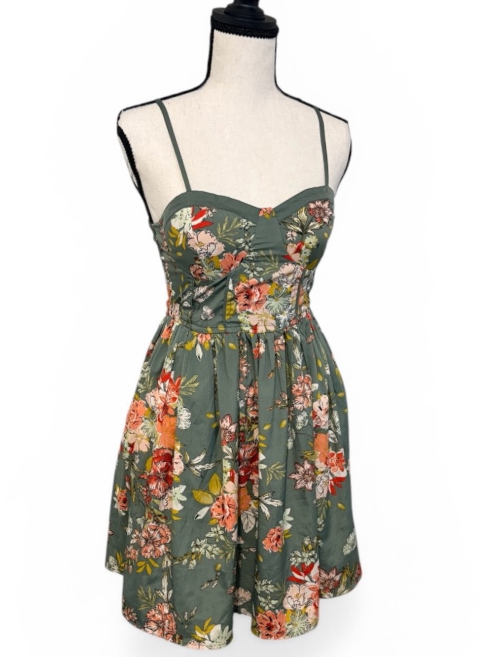 Band of the Free Floral Mini Dress Sage Green Bustier Smocked Back XS